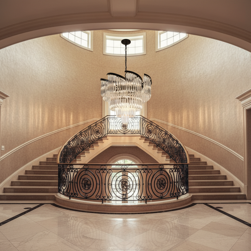 Riviko Radiant Bloom Round Crystal Chandelier - dramatic American stairwell with soaring ceiling