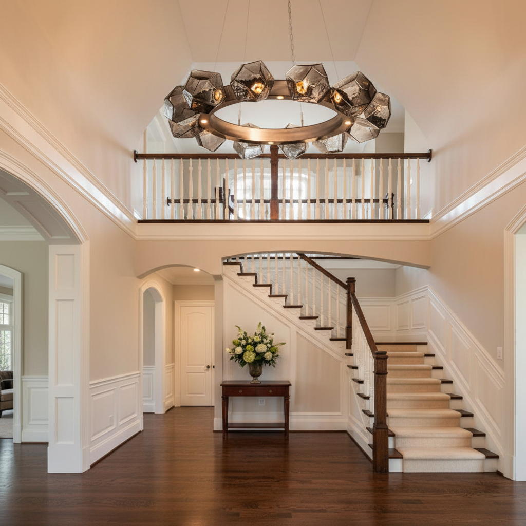 Riviko Aura Disc Modern LED Chandelier - elegant American entryway with arched doorway