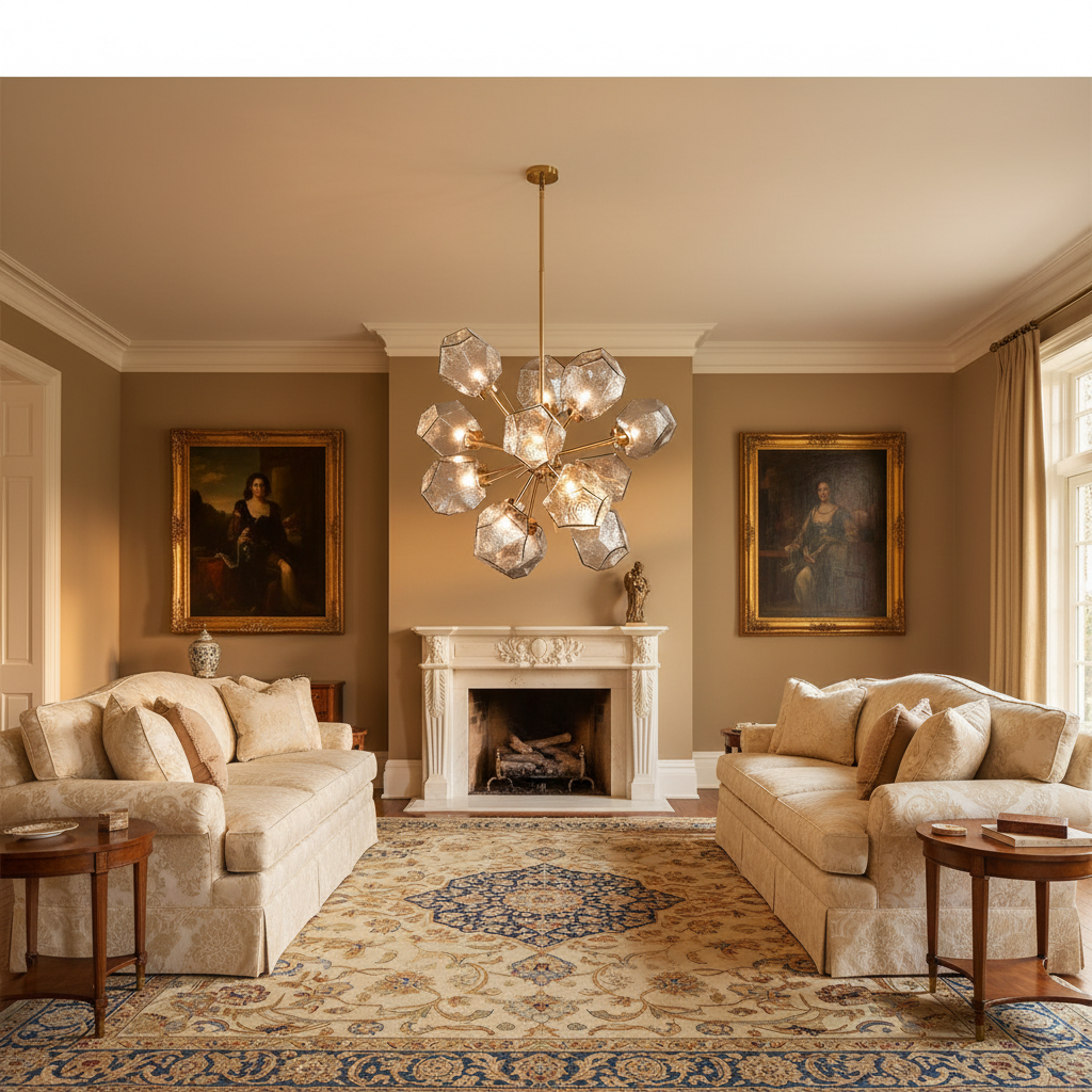 Riviko Radiant Orb Brass Crystal Chandelier - American formal living room with 12-foot ceilings