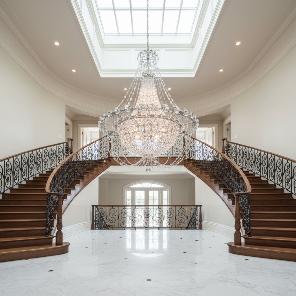Riviko Grand Regency Tiered Chandelier - dramatic American stairwell with three-story void