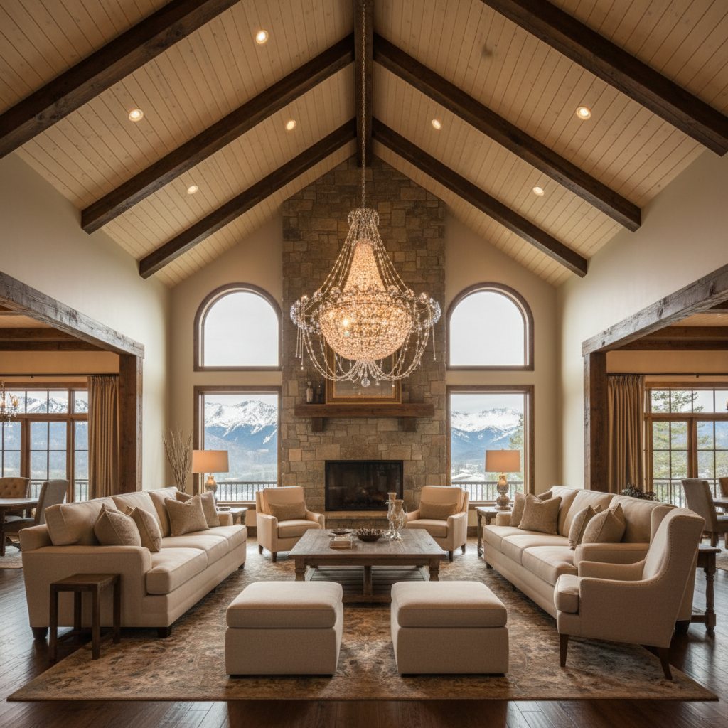 Riviko Grand Regency Tiered Chandelier - luxury American great room with cathedral ceiling