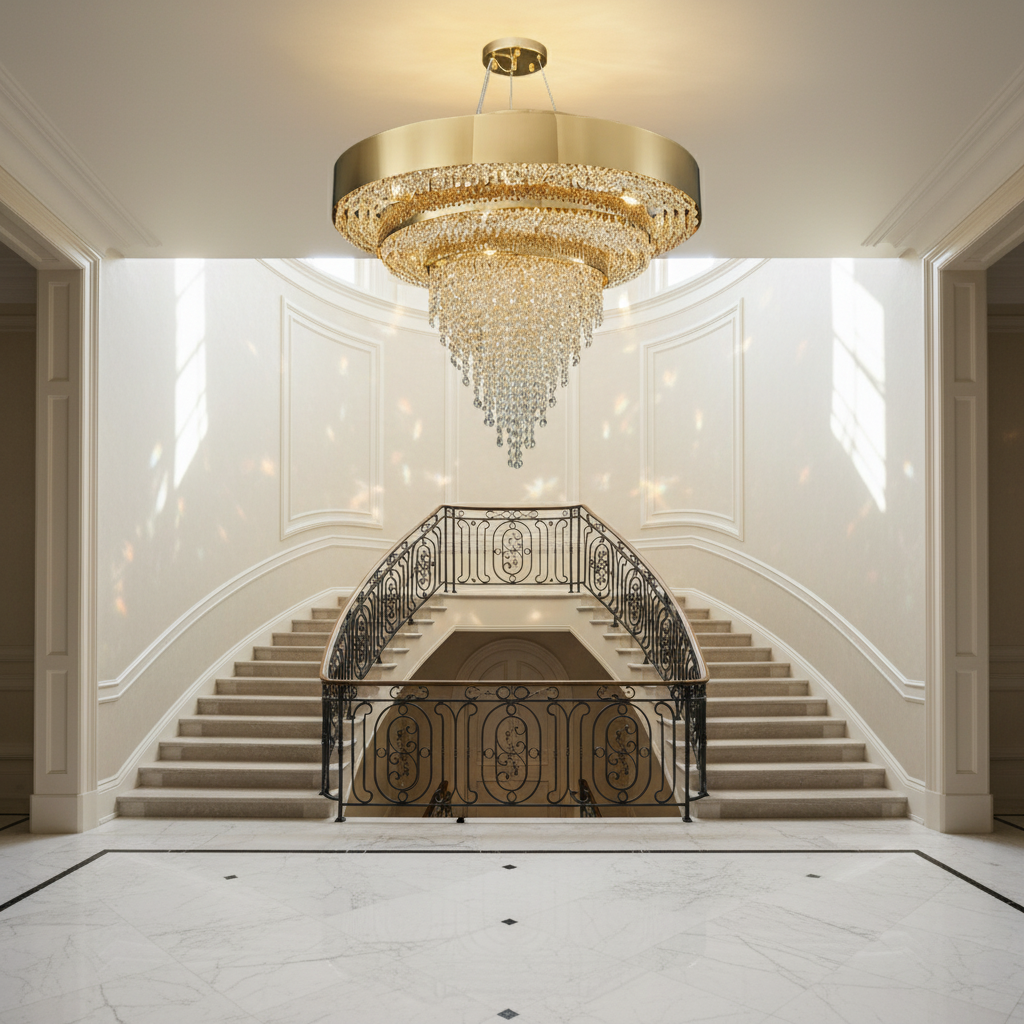 Riviko Decorative Gold Round Crystal Living Room Chandelier Light Oval Pendant Lamp For Dining Room Kitchen Table - dramatic American stairwell with soaring ceiling