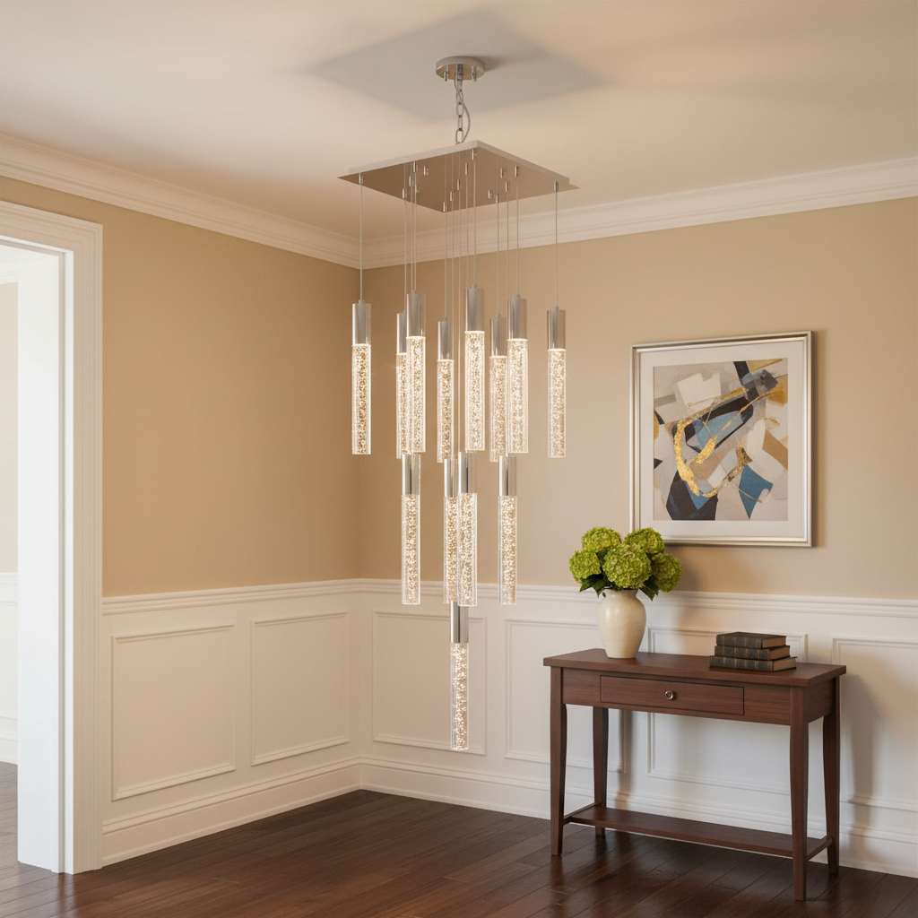 Riviko Radiant Cascade Cylinder Chandelier 13-Light - elegant American entryway with 10-foot ceiling
