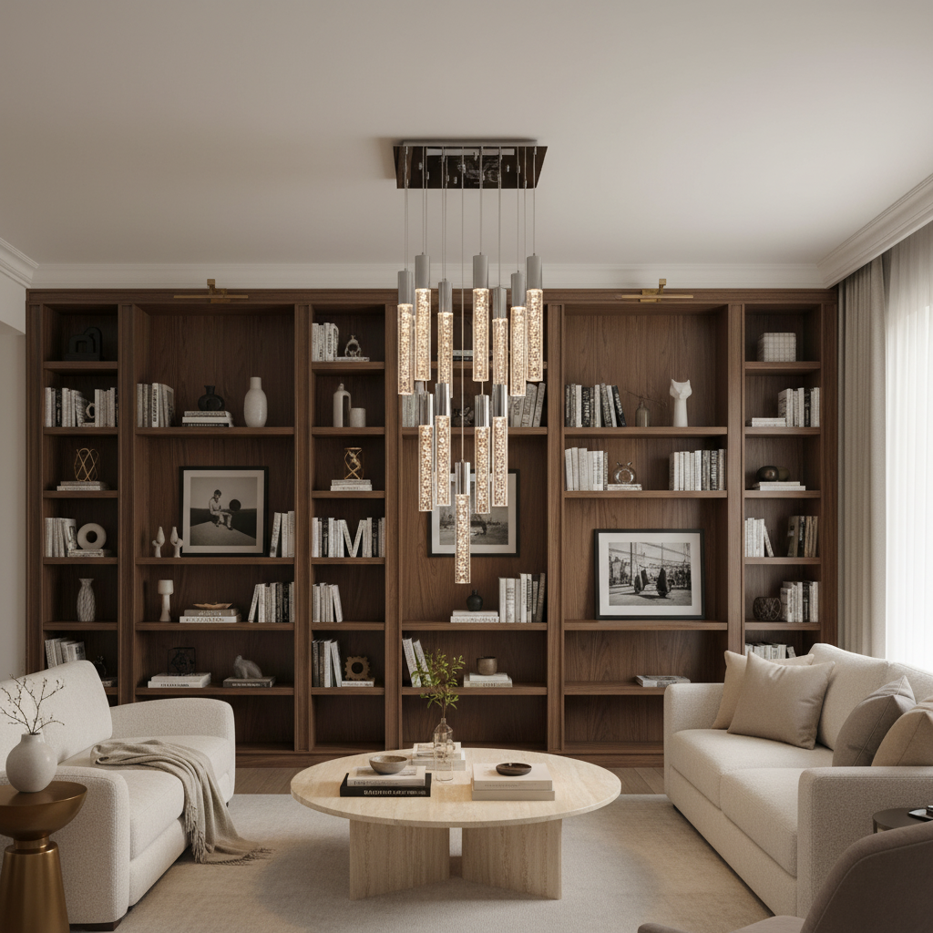 Riviko Radiant Cascade Cylinder Chandelier 13-Light - sophisticated American open-plan living area