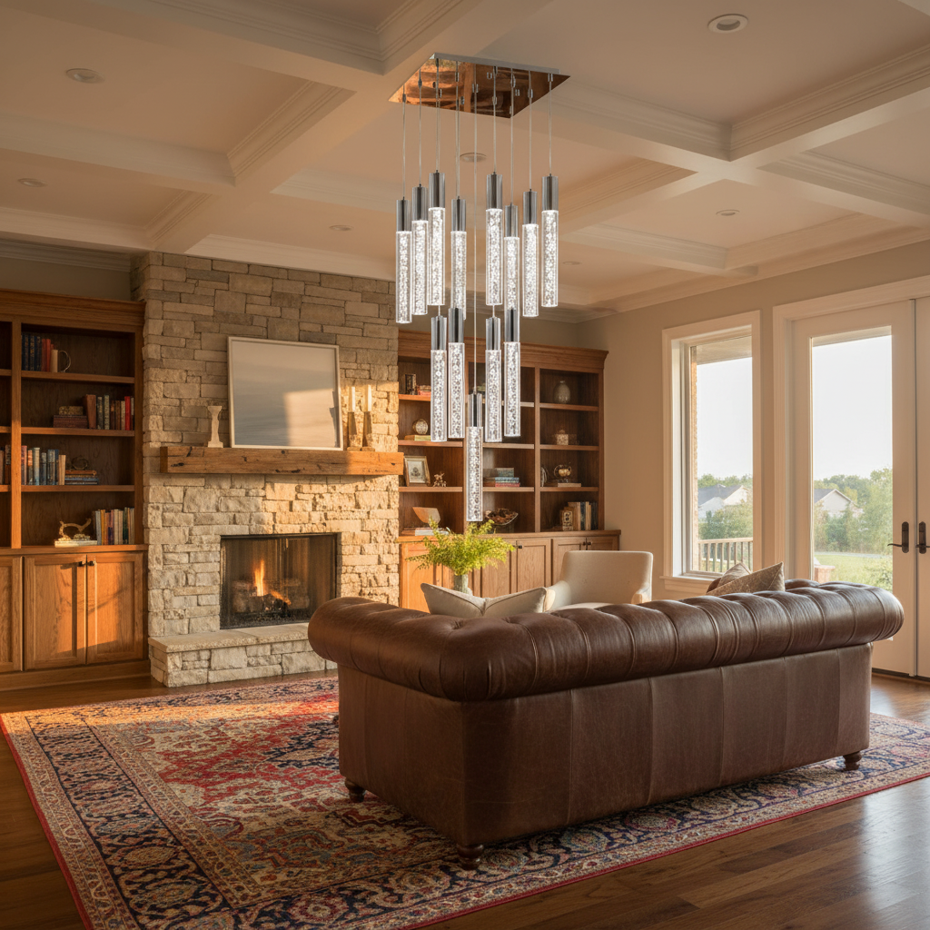 Riviko Radiant Cascade Cylinder Chandelier 13-Light - American transitional living room with coffered ceiling