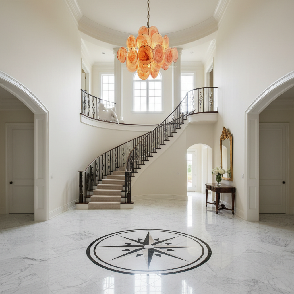 Riviko Roseate Bloom 36-Disk Chandelier - grand American foyer with two-story ceiling