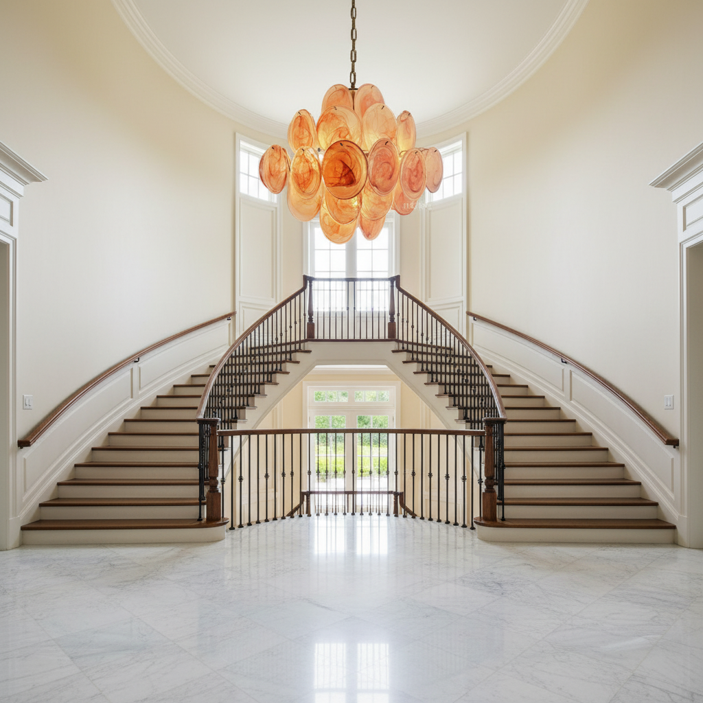 Riviko Roseate Bloom 36-Disk Chandelier - dramatic American stairwell with soaring ceiling