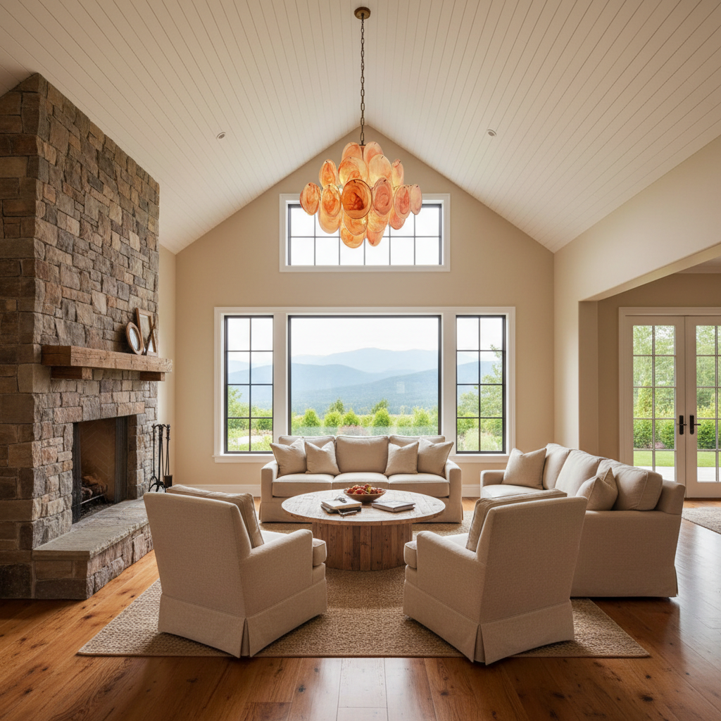 Riviko Roseate Bloom 36-Disk Chandelier - American transitional great room with cathedral ceiling