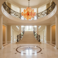 Riviko Murano Chandelier 36 Pink Disks - grand American foyer with two-story ceiling