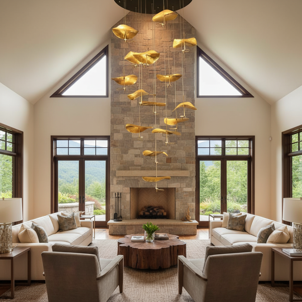 Riviko Veridian Bloom Multi-Light Chandelier - American transitional great room with cathedral ceiling