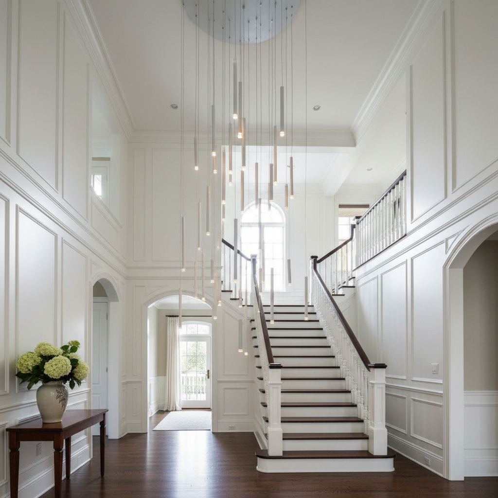Riviko Aura Cascade Round Tubular Pendant Chandelier - elegant American entryway with arched doorway