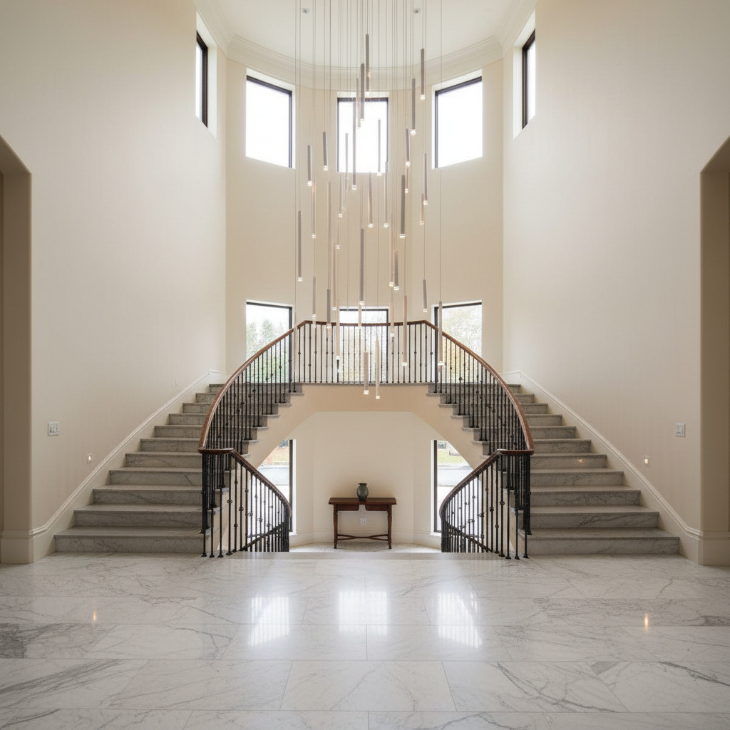 Riviko Aura Cascade Round Tubular Pendant Chandelier - dramatic American stairwell with soaring ceiling