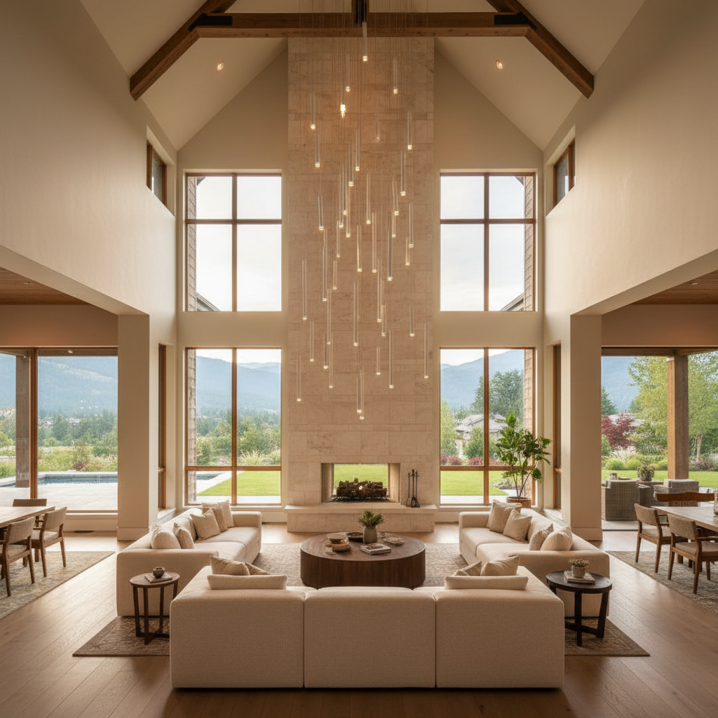 Riviko Aura Cascade Round Tubular Pendant Chandelier - American transitional great room with cathedral ceiling