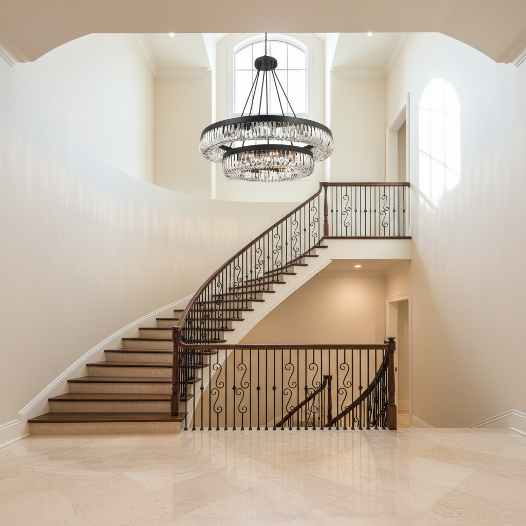 Riviko Grand Lumina 2-Tier 26 Light Chandelier - dramatic American stairwell with soaring ceiling
