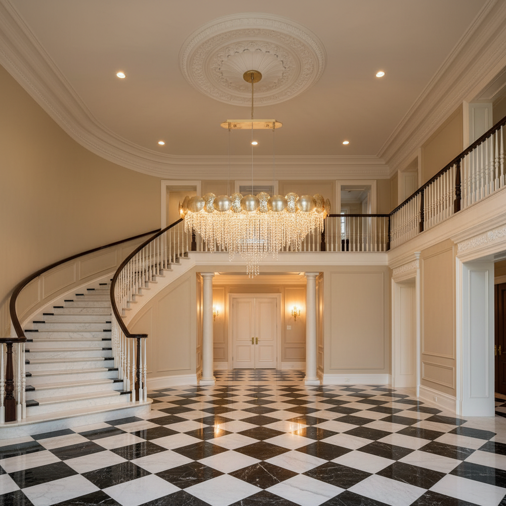Riviko Radiant Oval Brass Crystal Chandelier - grand American estate foyer