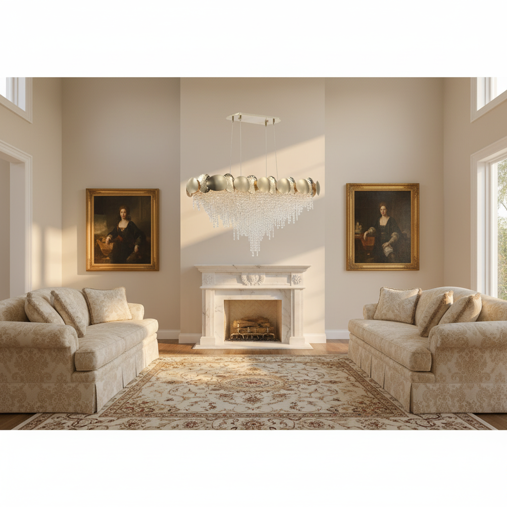 Riviko Radiant Oval Brass Crystal Chandelier - American formal living room with 12-foot ceilings
