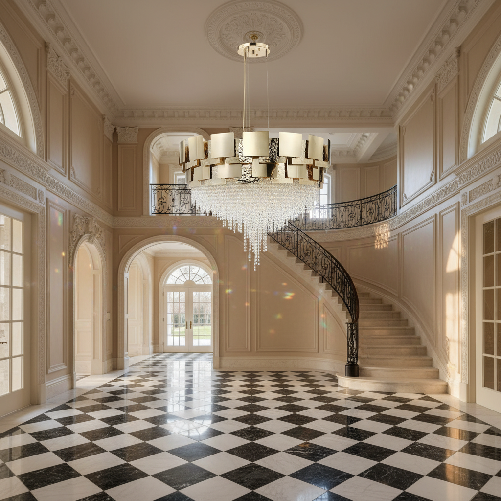 Riviko Radiant Orb Round Crystal Chandelier - grand American estate foyer