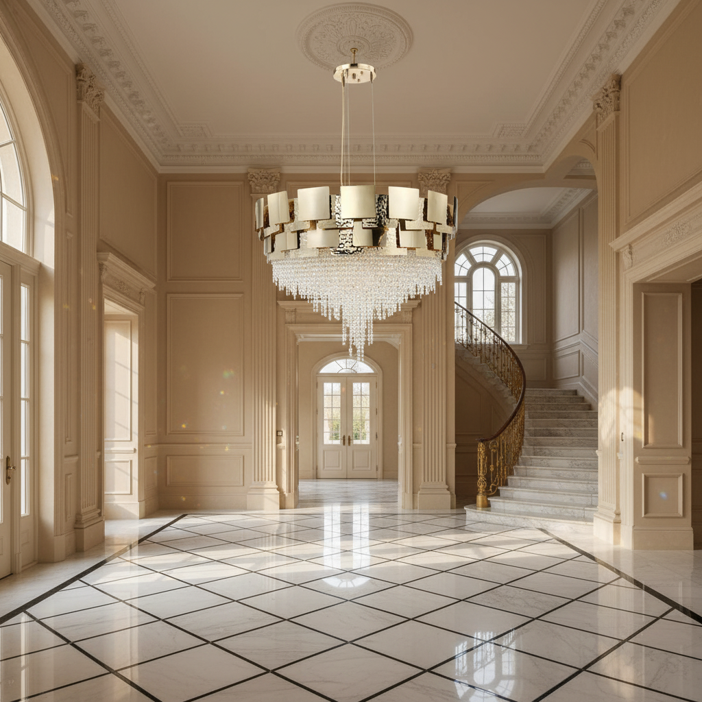 Riviko Radiant Orb Round Crystal Chandelier - grand American estate foyer