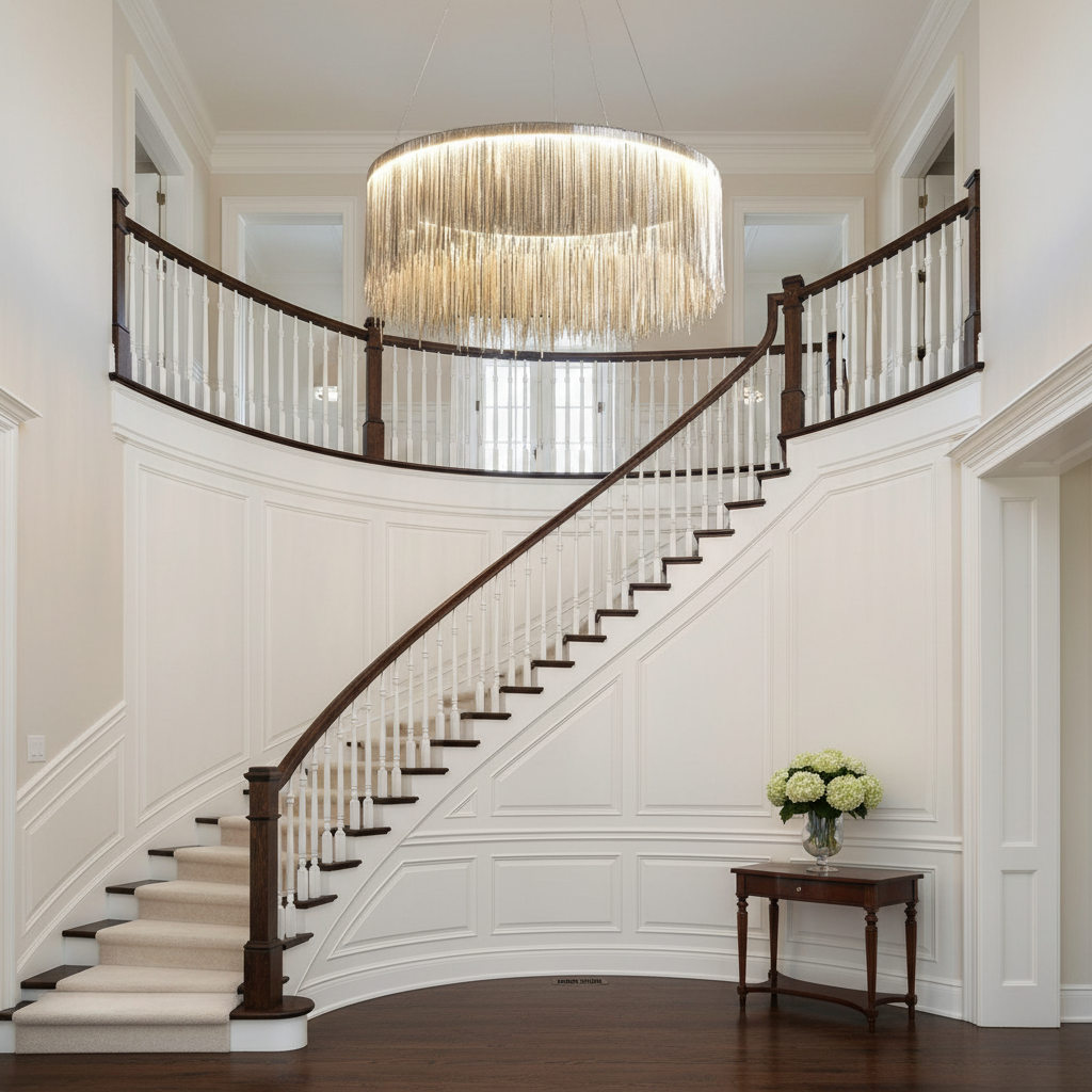 Riviko Radiant Cascade Round Chandelier - elegant American entryway with arched doorway