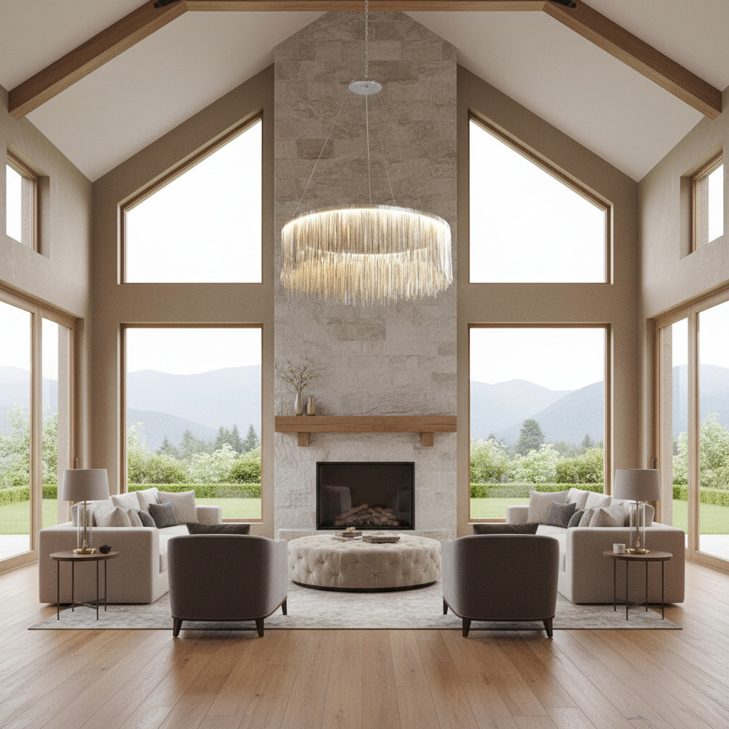 Riviko Radiant Cascade Round Chandelier - American transitional great room with cathedral ceiling