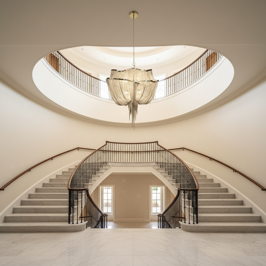 Riviko Alisa Double-Layer 7-Light Chandelier - dramatic American stairwell with soaring ceiling