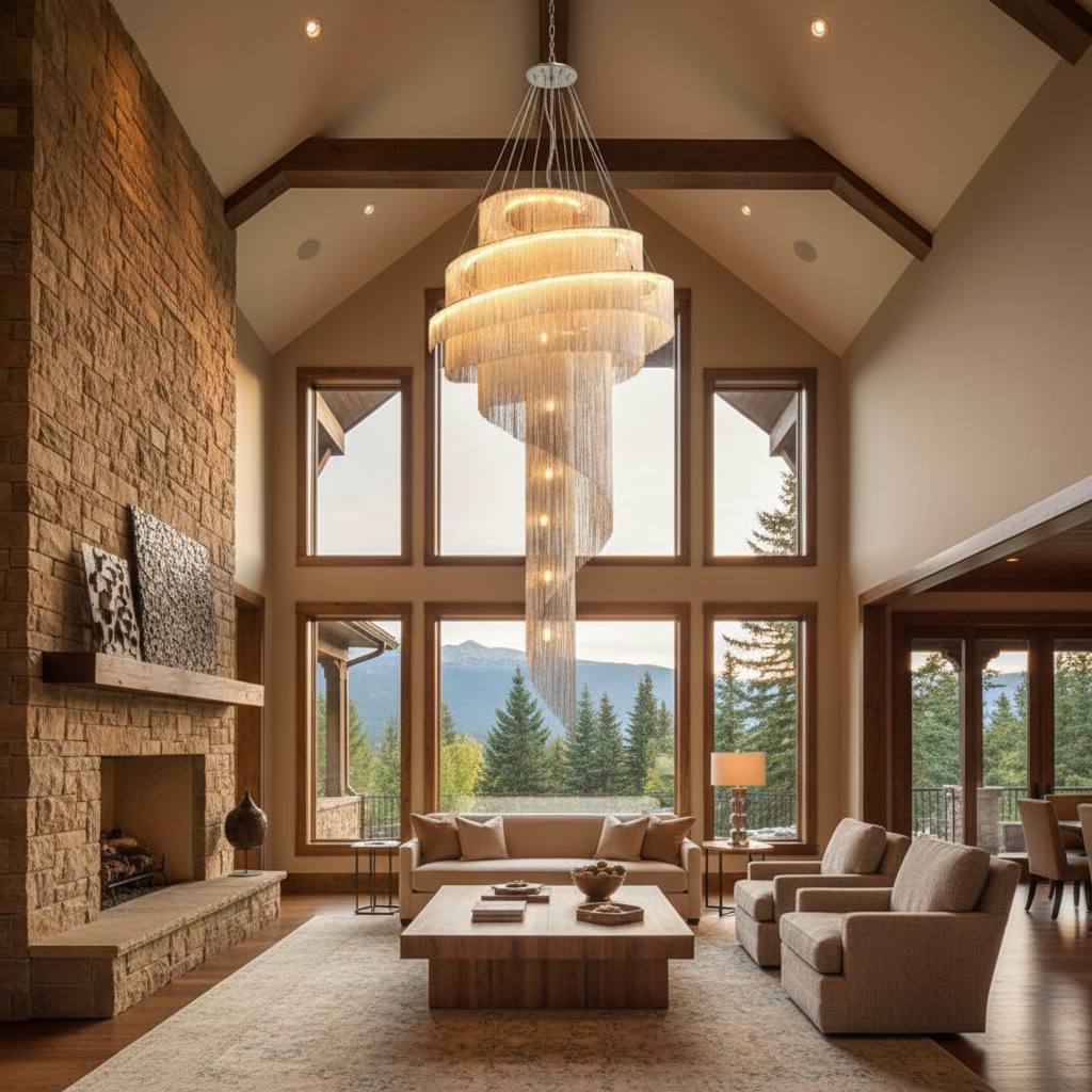 Riviko Radiant Cascade Ring Chandelier - American transitional great room with cathedral ceiling
