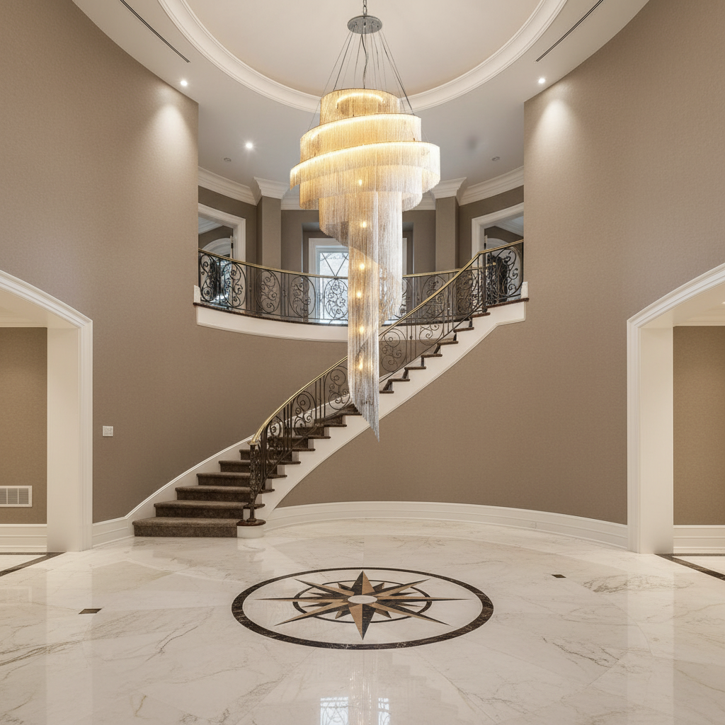 Riviko Radiant Cascade Ring Chandelier - grand American foyer with two-story ceiling