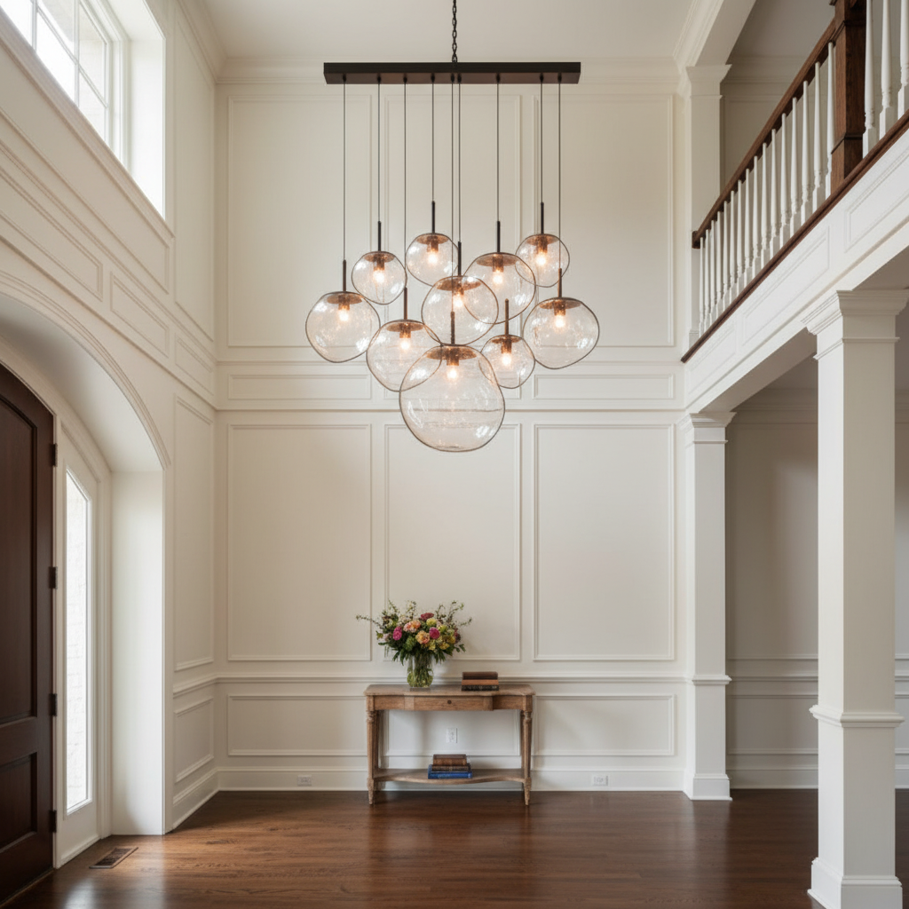 Riviko Molten Glass Orb Chandelier - elegant American entryway with arched doorway