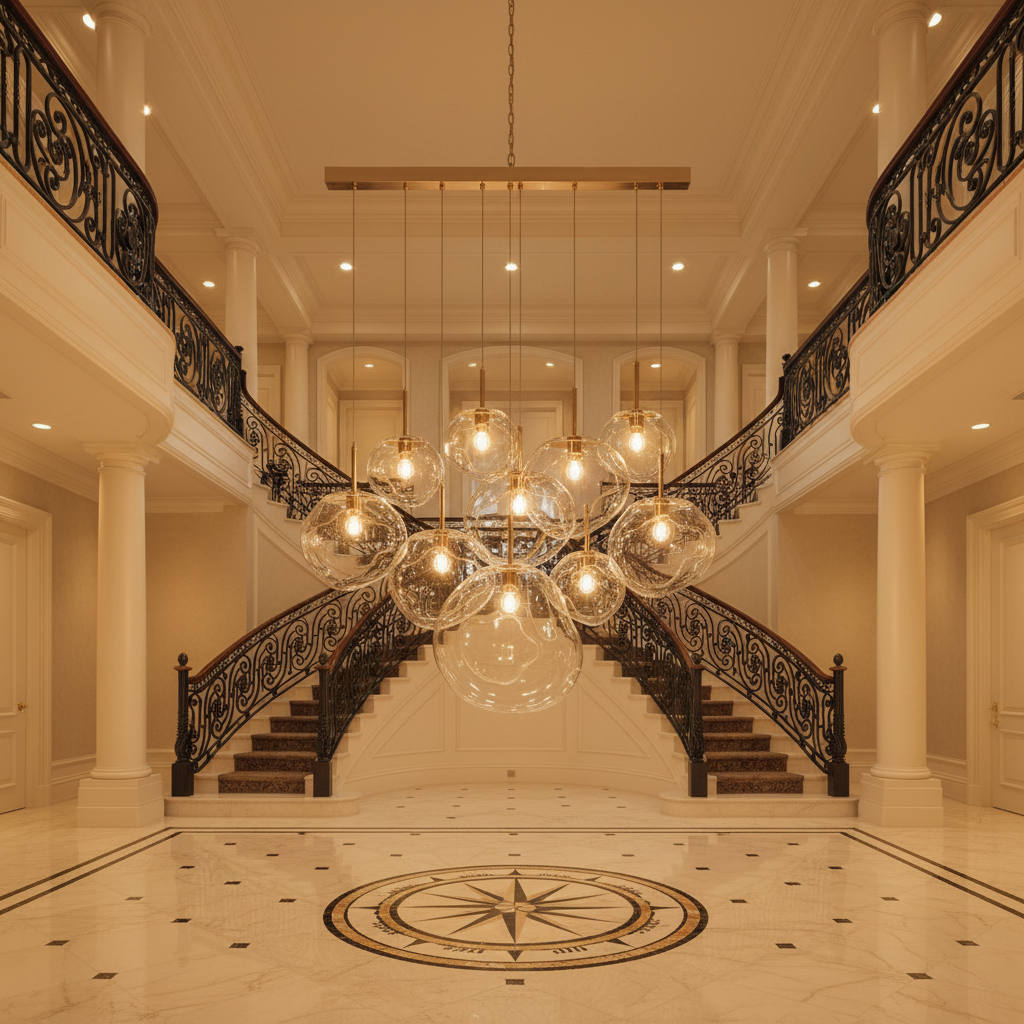 Riviko Molten Glass Orb Chandelier - grand American foyer with two-story ceiling