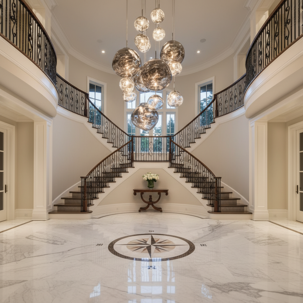 Riviko Molten Glass Orb Chandelier - grand American foyer with two-story ceiling
