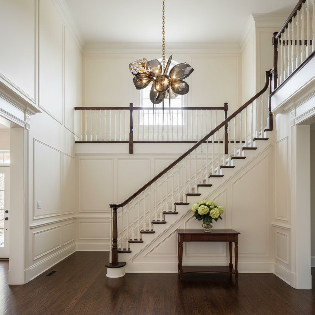 Riviko Alabaster Bloom Contemporary Chandelier - elegant American entryway with arched doorway