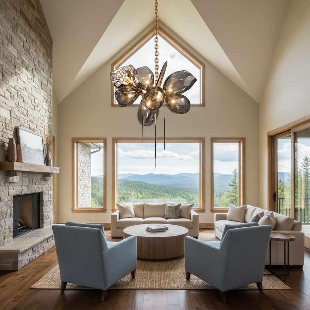 Riviko Alabaster Bloom Contemporary Chandelier - American transitional great room with cathedral ceiling