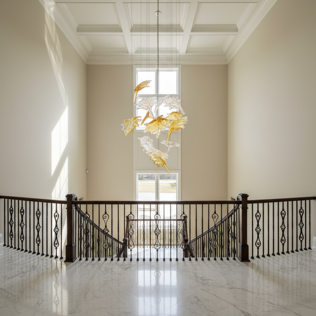 Riviko Custom Multicolor Maple Leaf Art Glass Chandelier - Scene
