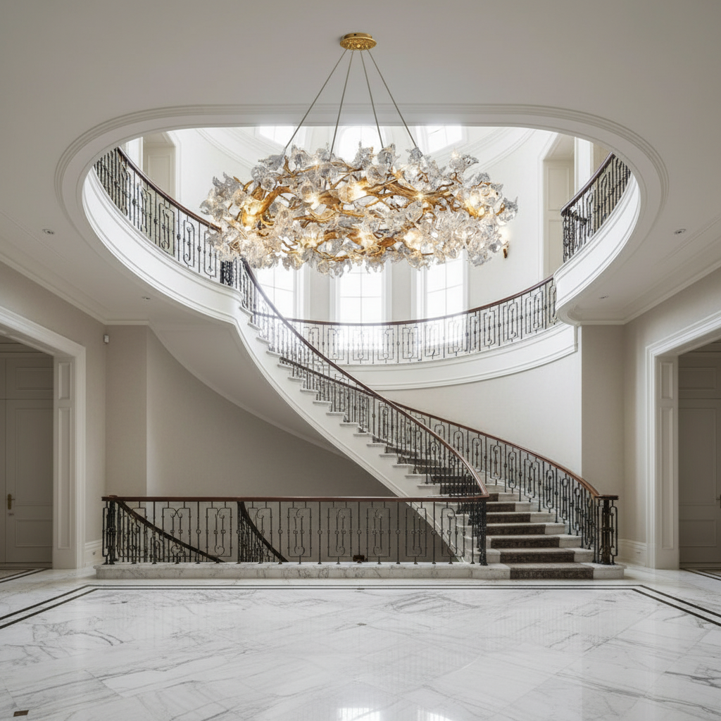 Riviko Veridian Bloom Branch Chandelier - dramatic American stairwell with soaring ceiling