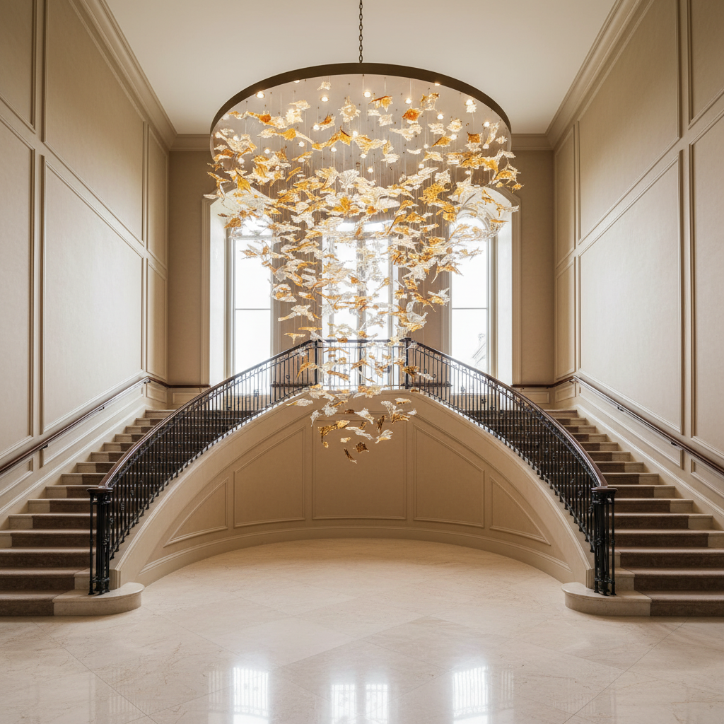 Riviko Vibrant Artisan Glass Leaf Chandelier - dramatic American stairwell with soaring ceiling