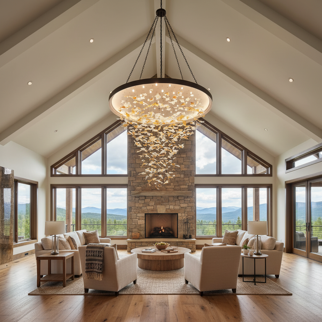 Riviko Vibrant Artisan Glass Leaf Chandelier - American transitional great room with cathedral ceiling