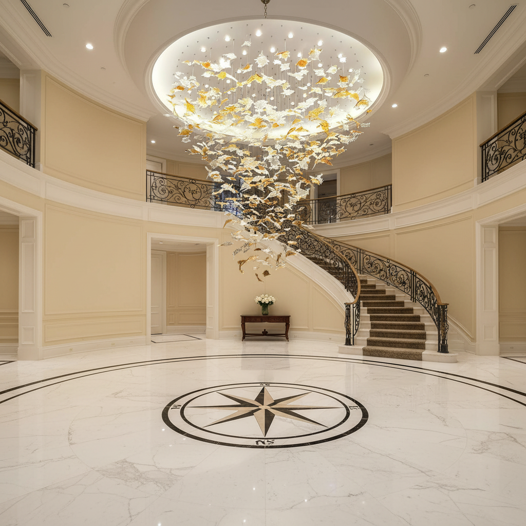 Riviko Vibrant Artisan Glass Leaf Chandelier - grand American foyer with two-story ceiling