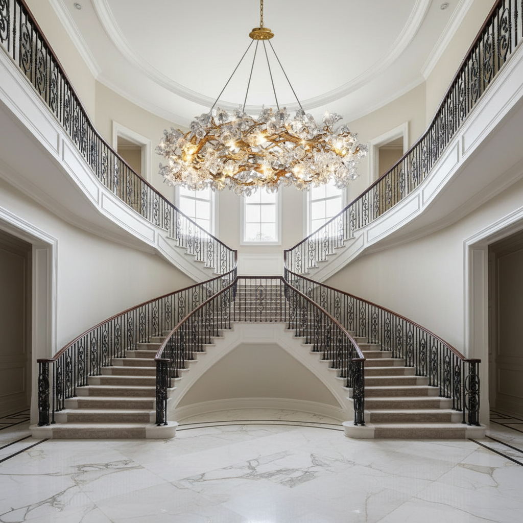 Riviko Datura Flower Modern Dining Branch Chandelier - dramatic American stairwell with soaring ceiling