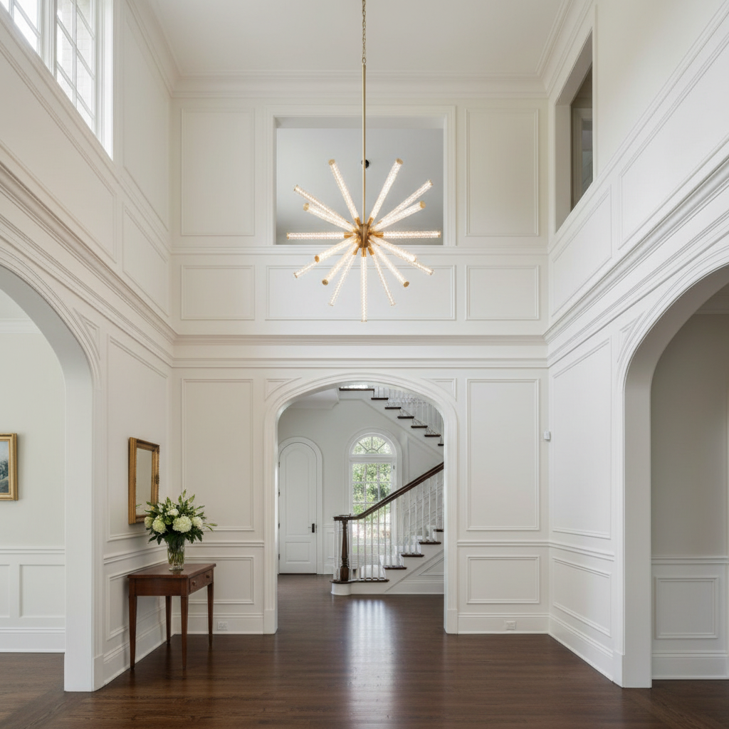Riviko Aura Weave Round LED Chandelier - elegant American entryway with arched doorway