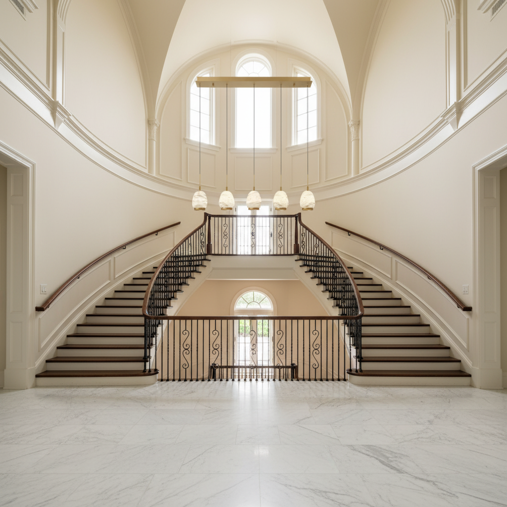 Riviko Alabaster Aura Linear LED Chandelier - dramatic American stairwell with soaring ceiling