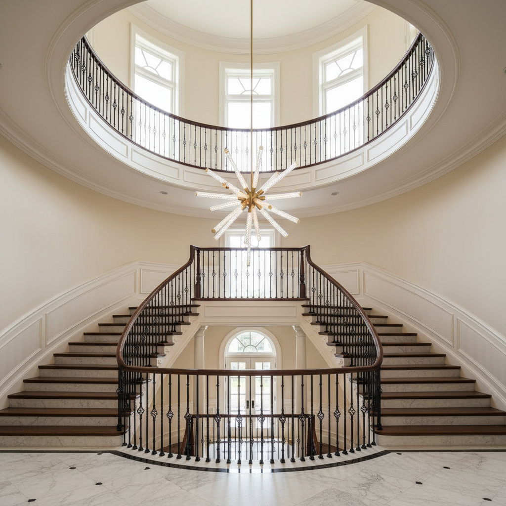 Riviko Aura Weave Round LED Chandelier - dramatic American stairwell with soaring ceiling