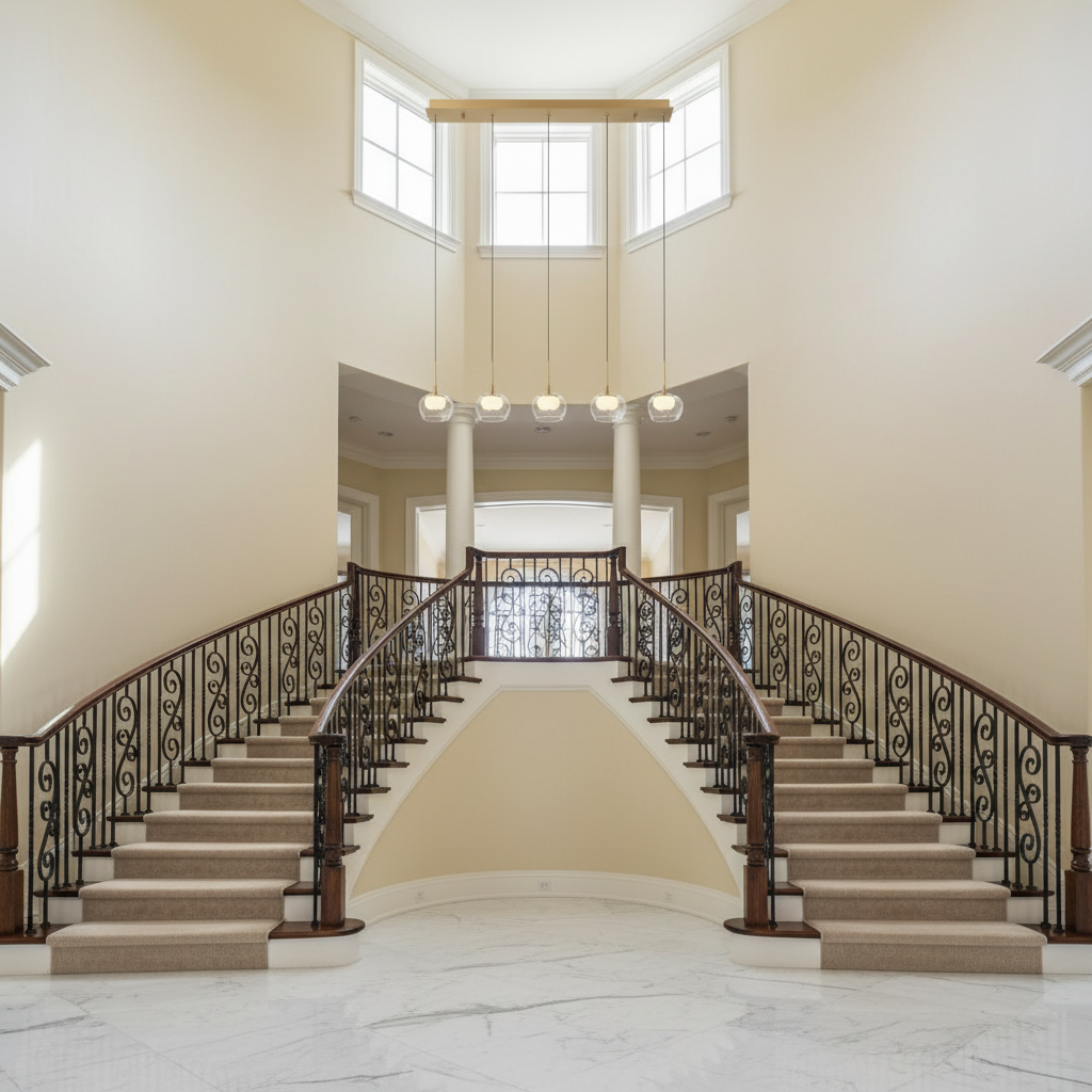 Riviko Aura Stream Linear LED Chandelier - dramatic American stairwell with soaring ceiling