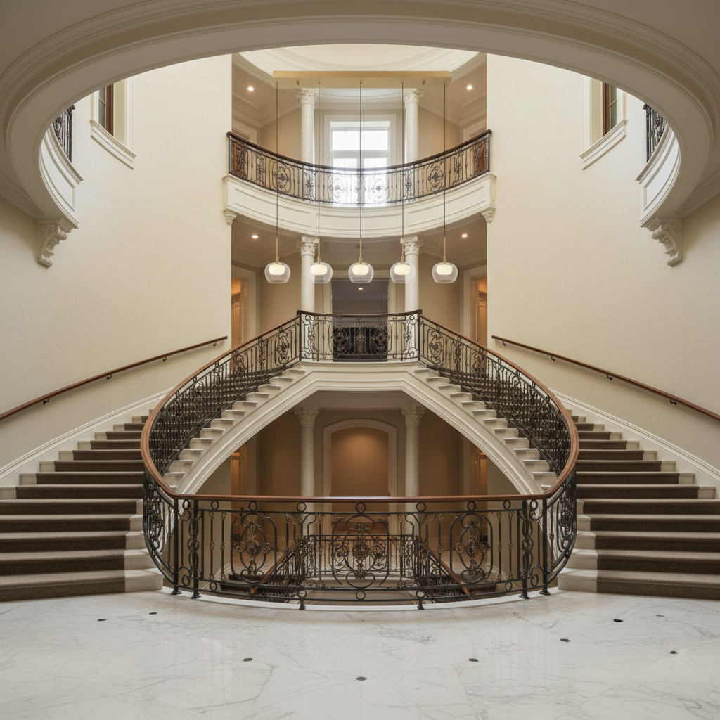 Riviko Aura Stream Linear LED Chandelier - dramatic American stairwell with soaring ceiling