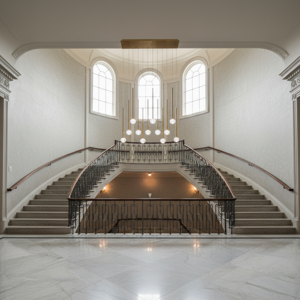 Riviko Aura Stream Linear LED Chandelier - dramatic American stairwell with soaring ceiling