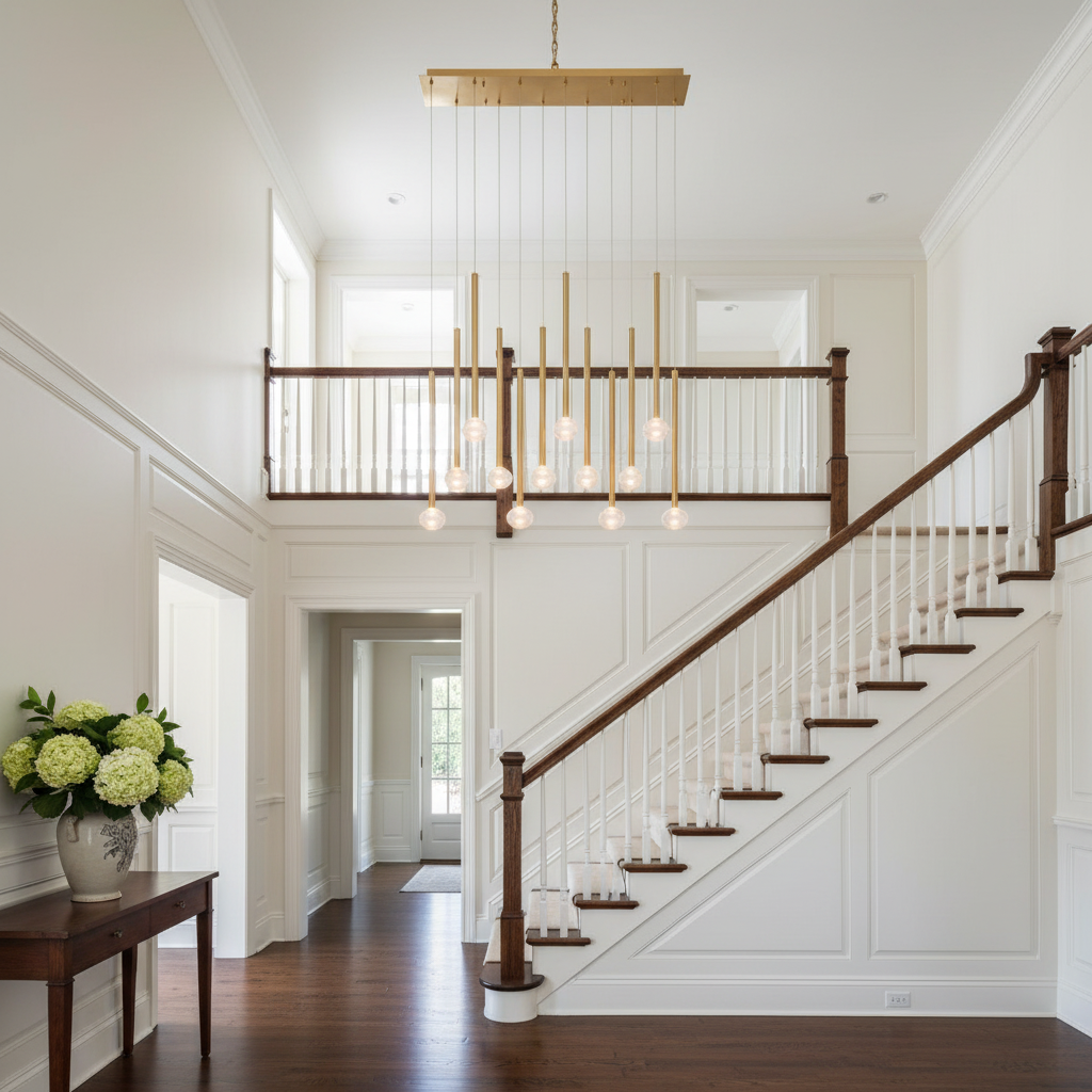 Riviko Aura Stream Linear LED Chandelier - elegant American entryway with arched doorway