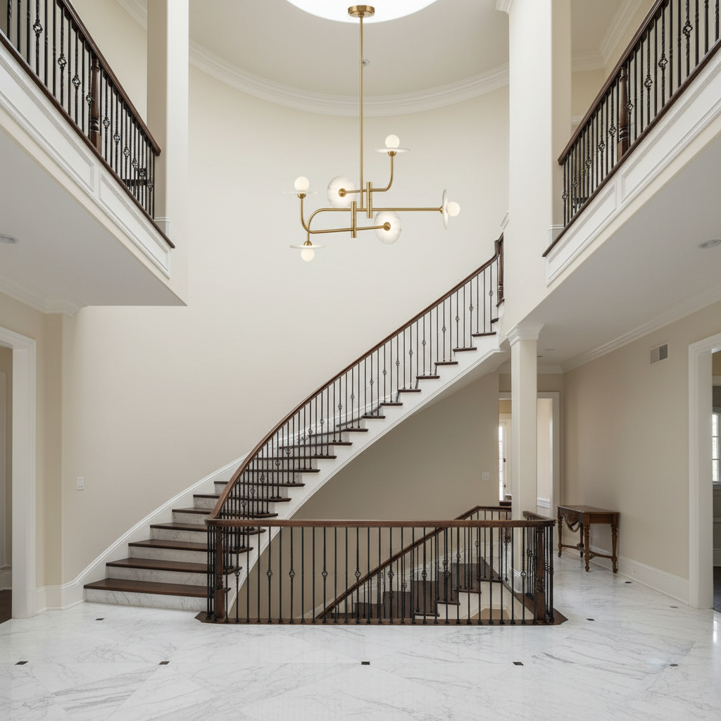 Riviko Alabaster Aura LED Chandelier - dramatic American stairwell with soaring ceiling