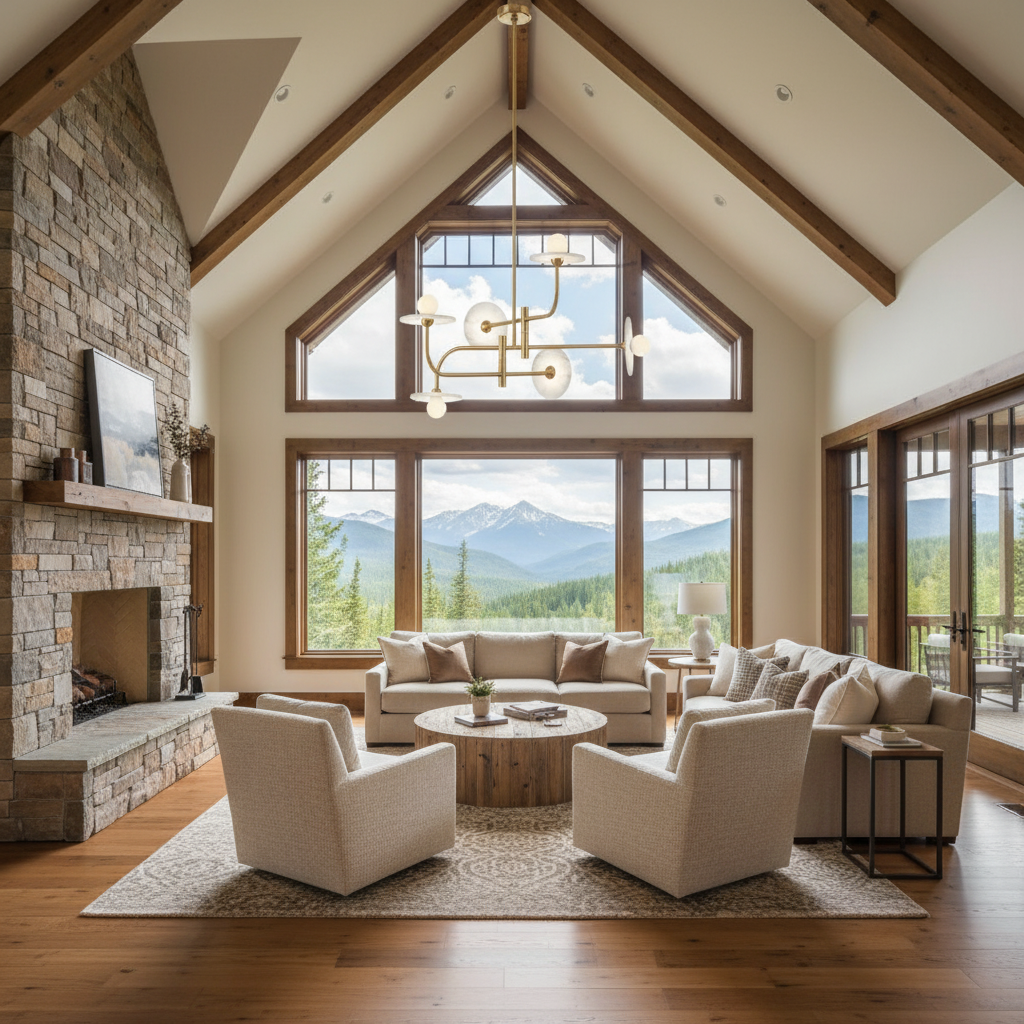 Riviko Alabaster Aura LED Chandelier - American transitional great room with cathedral ceiling