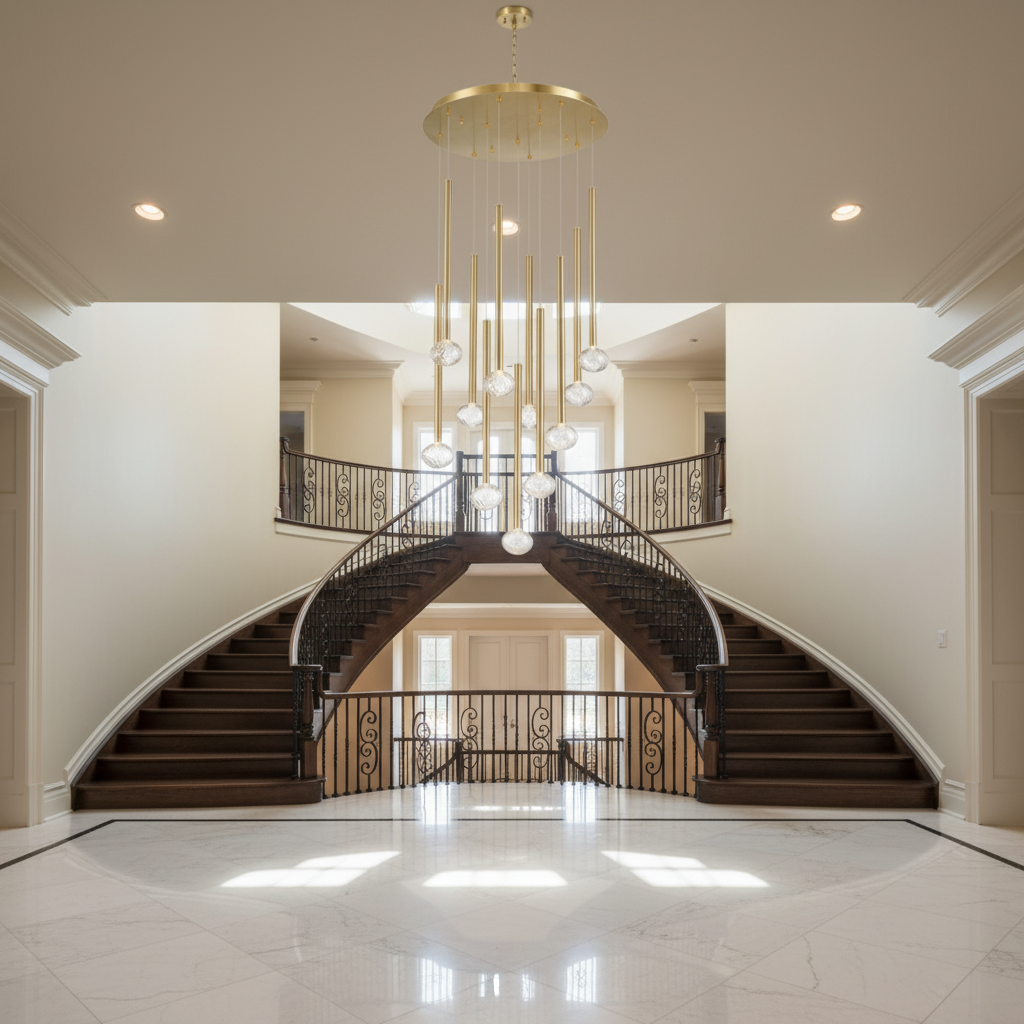 Riviko Aura Cascade Round LED Chandelier - dramatic American stairwell with soaring ceiling