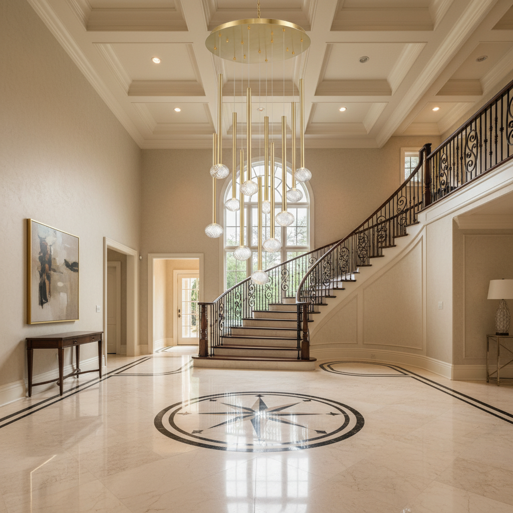 Riviko Aura Cascade Round LED Chandelier - grand American foyer with two-story ceiling