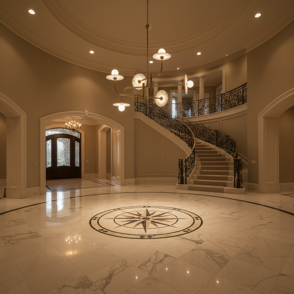 Riviko Sasa Steampunk LED Chandelier - grand American foyer with two-story ceiling